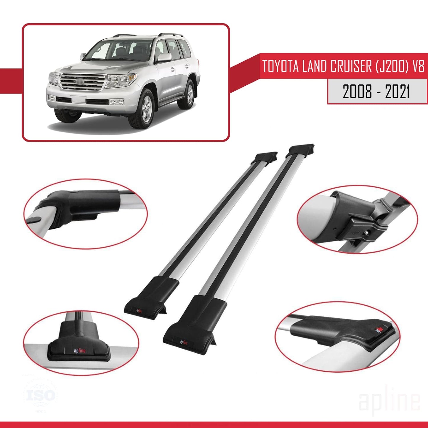 Compatible avec Toyota Land Cruiser V8 (J200) 2008-2021 FLY Model Barres de Toit Railing Porte-Bagages de Voiture Gris Aluminium 2 Barres