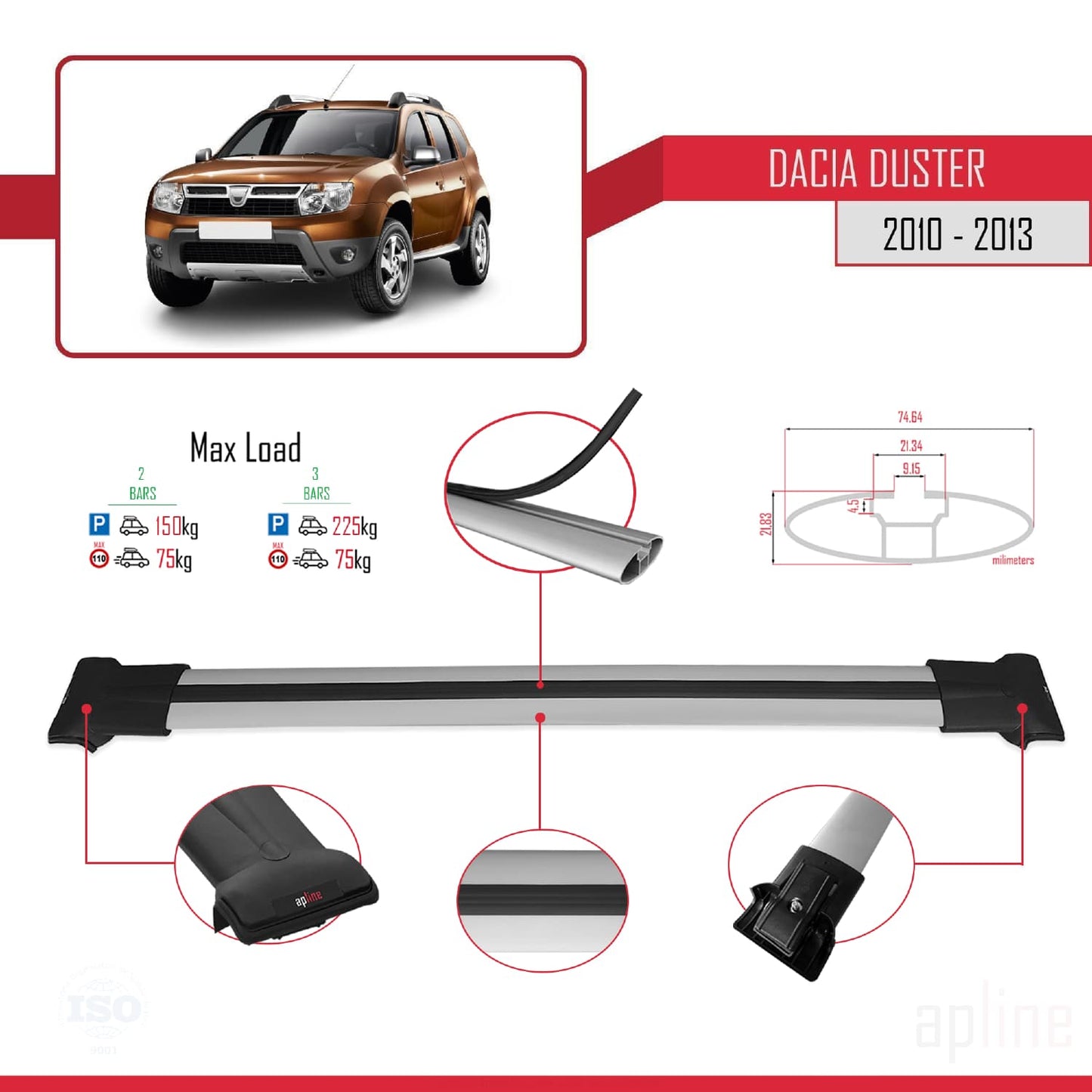 Compatible avec Dacia Duster (HS) Pre-Facelift 2010-2013 FLY Model Barres de Toit Railing Porte-Bagages de Voiture Gris Aluminium 2 Barres