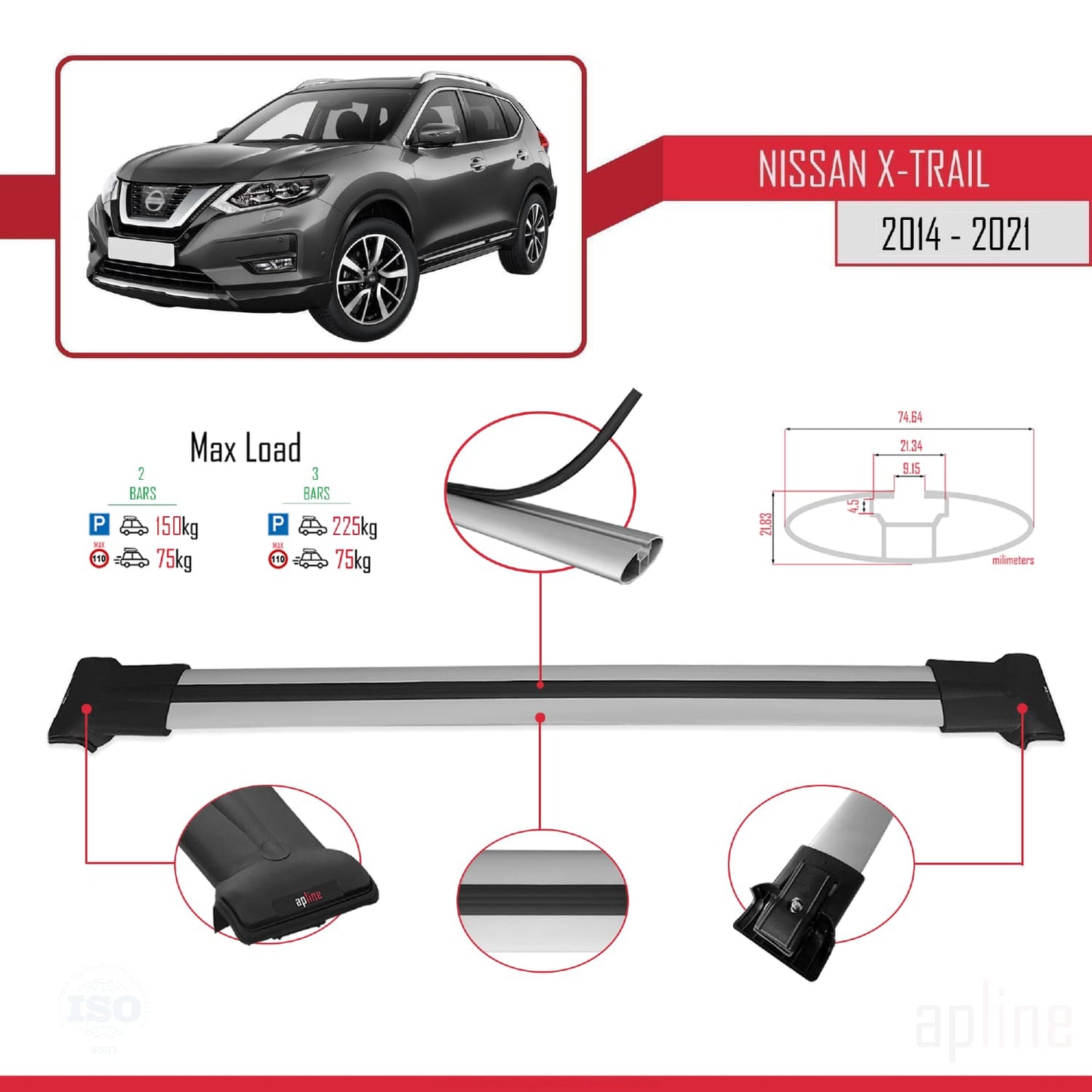 Compatible avec Nissan X-Trail 3 (T32) 2014-2021 FLY Model Barres de Toit Railing Porte-Bagages de Voiture Gris Aluminium 2 Barres