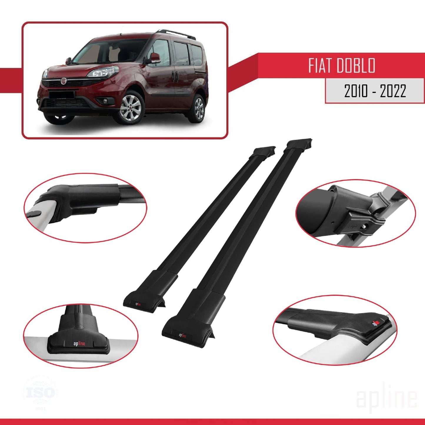 Compatibile con Fiat Doblo 2 2010-2022 modello FLY Barre portatutto Railing Portapacchi Auto Alluminio Nero 2 Barre