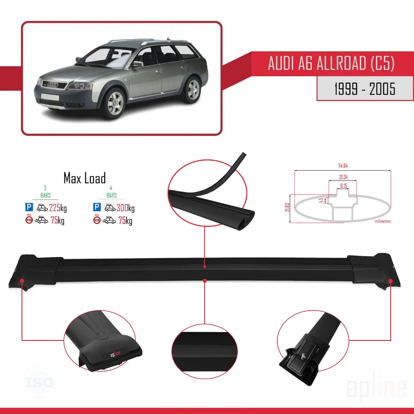 Compatible avec A6 (C5) Allroad 1999-2005 FLY Model Barres de Toit Railing Porte-Bagages de Voiture Noir Aluminium 3 Barres