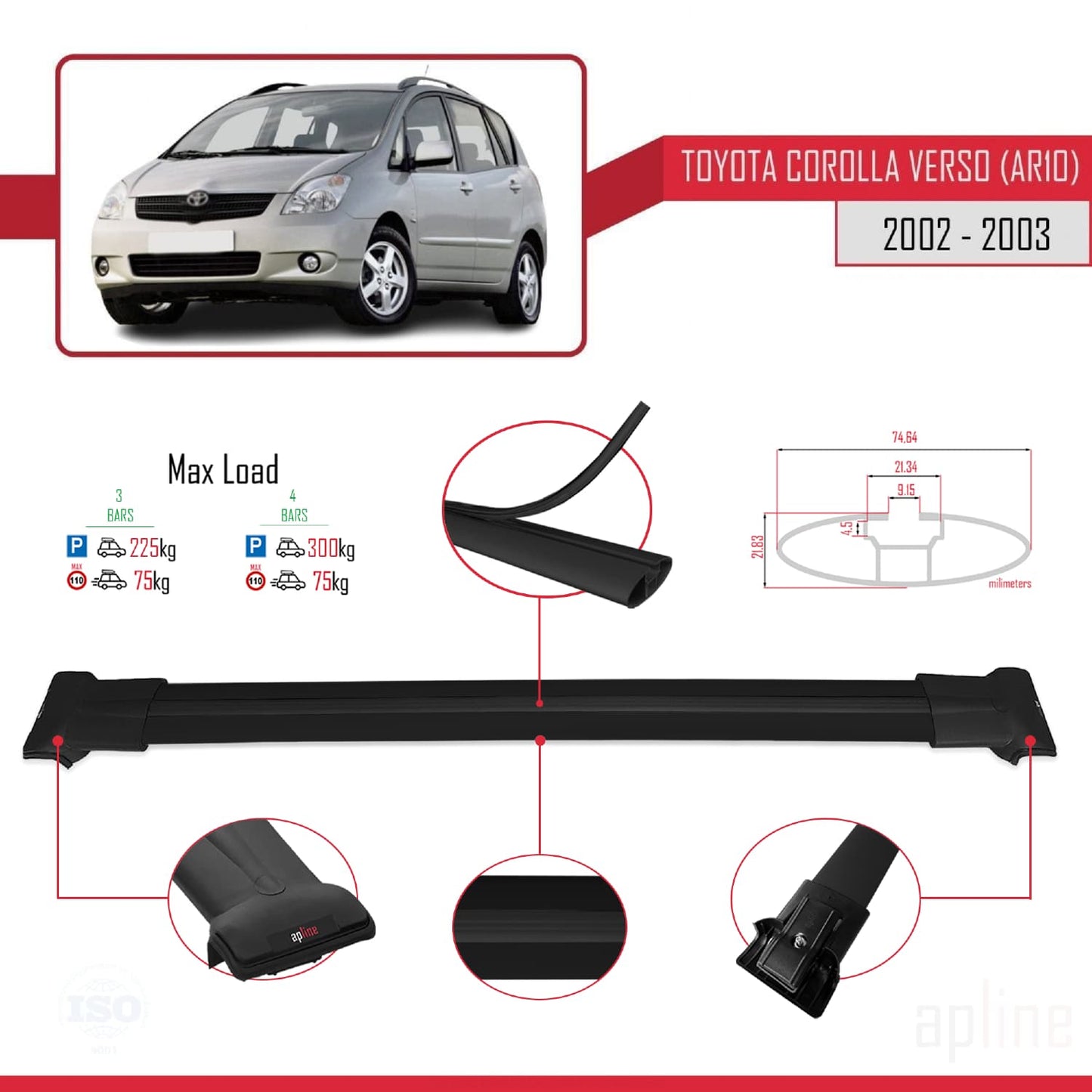 Compatible avec Toyota Corolla Verso (E120) 2001-2004 FLY Model Barres de Toit Railing Porte-Bagages de Voiture Noir Aluminium 3 Barres