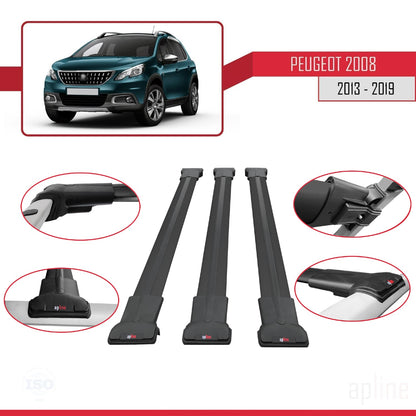 Compatible avec Peugeot 2008 (A94) 2013-2019 FLY Model Barres de Toit Railing Porte-Bagages de Voiture Noir Aluminium 3 Barres