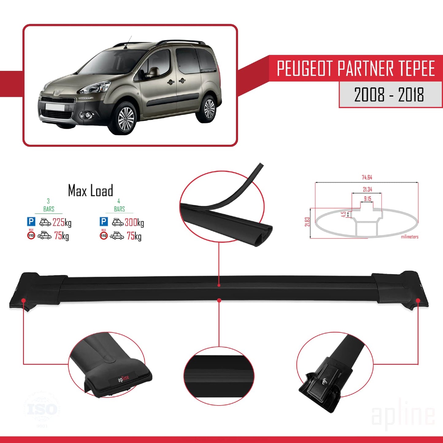Compatible with Peugeot Partner 2 Tepee 2008-2018 FLY Model Car Roof Rack Cross Bar Black Aluminium 3 Bars