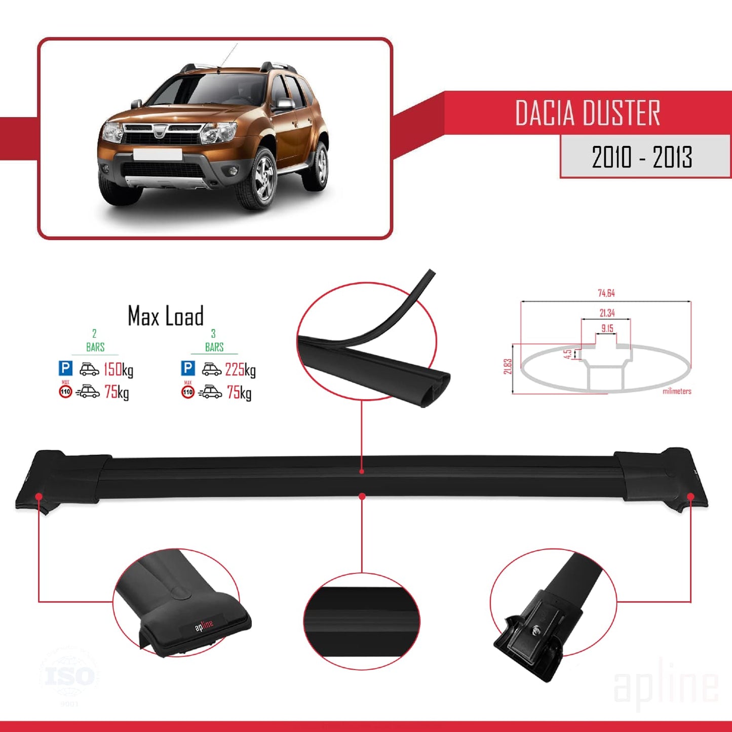 Compatible avec Dacia Duster (HS) Pre-Facelift 2010-2013 FLY Model Barres de Toit Railing Porte-Bagages de Voiture Noir Aluminium 2 Barres