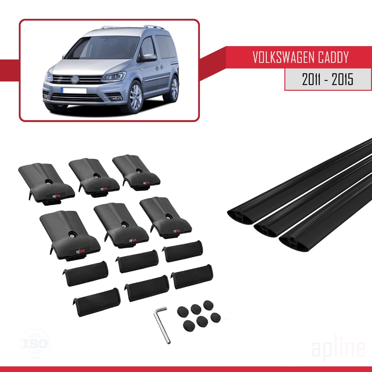 Compatible avec Volkswagen Caddy 3 (SA) 2015-2019 FLY Model Barres de Toit Railing Porte-Bagages de Voiture Noir Aluminium 3 Barres