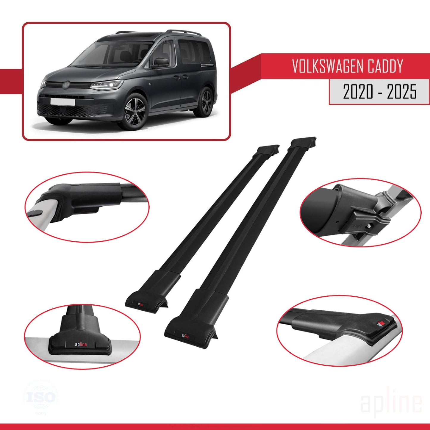 Compatible avec Volkswagen Caddy 4 (SB) 2020-2025 FLY Model Barres de Toit Railing Porte-Bagages de Voiture Noir Aluminium 2 Barres