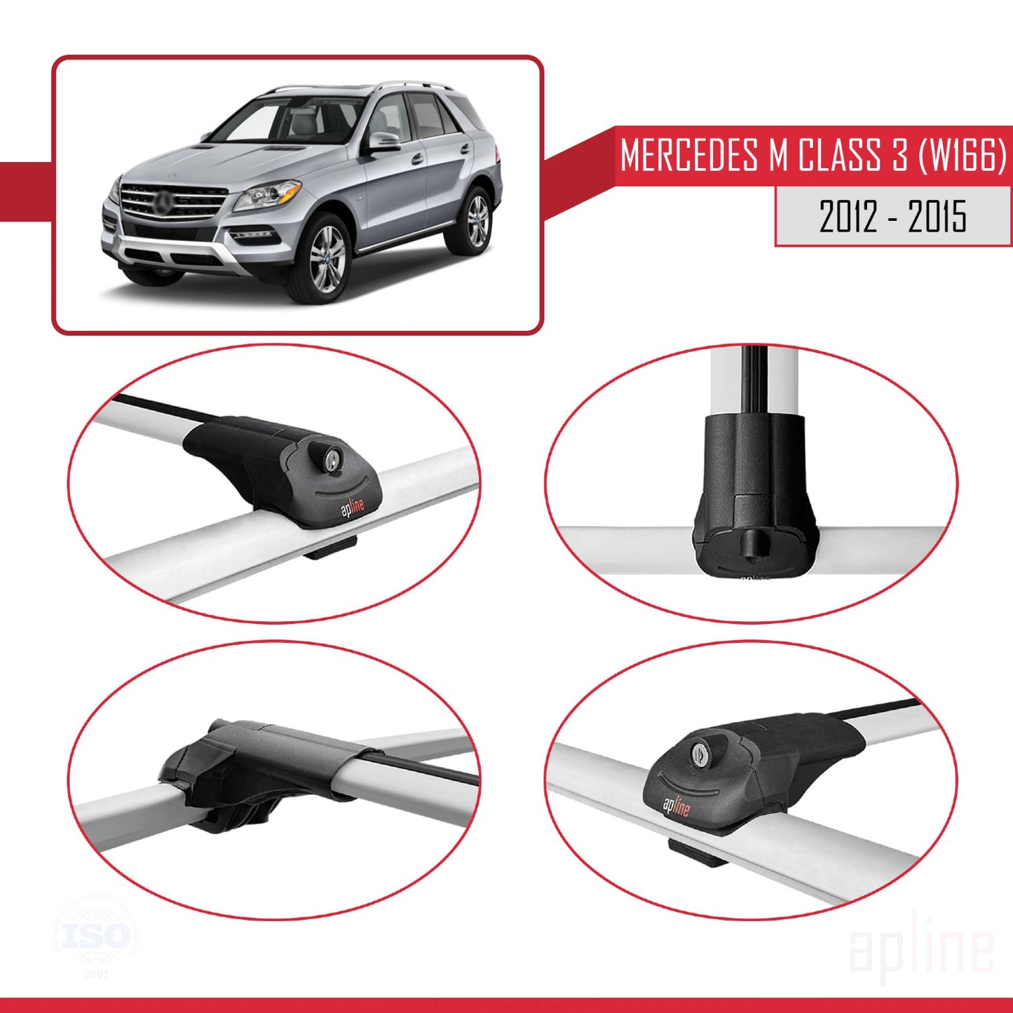 Compatible with Mercedes M Class 3 (W166) Pre-Facelift 2012-2015 ACE-1 Car Roof Rack Cross Bar Grey Aluminium 2 Bars