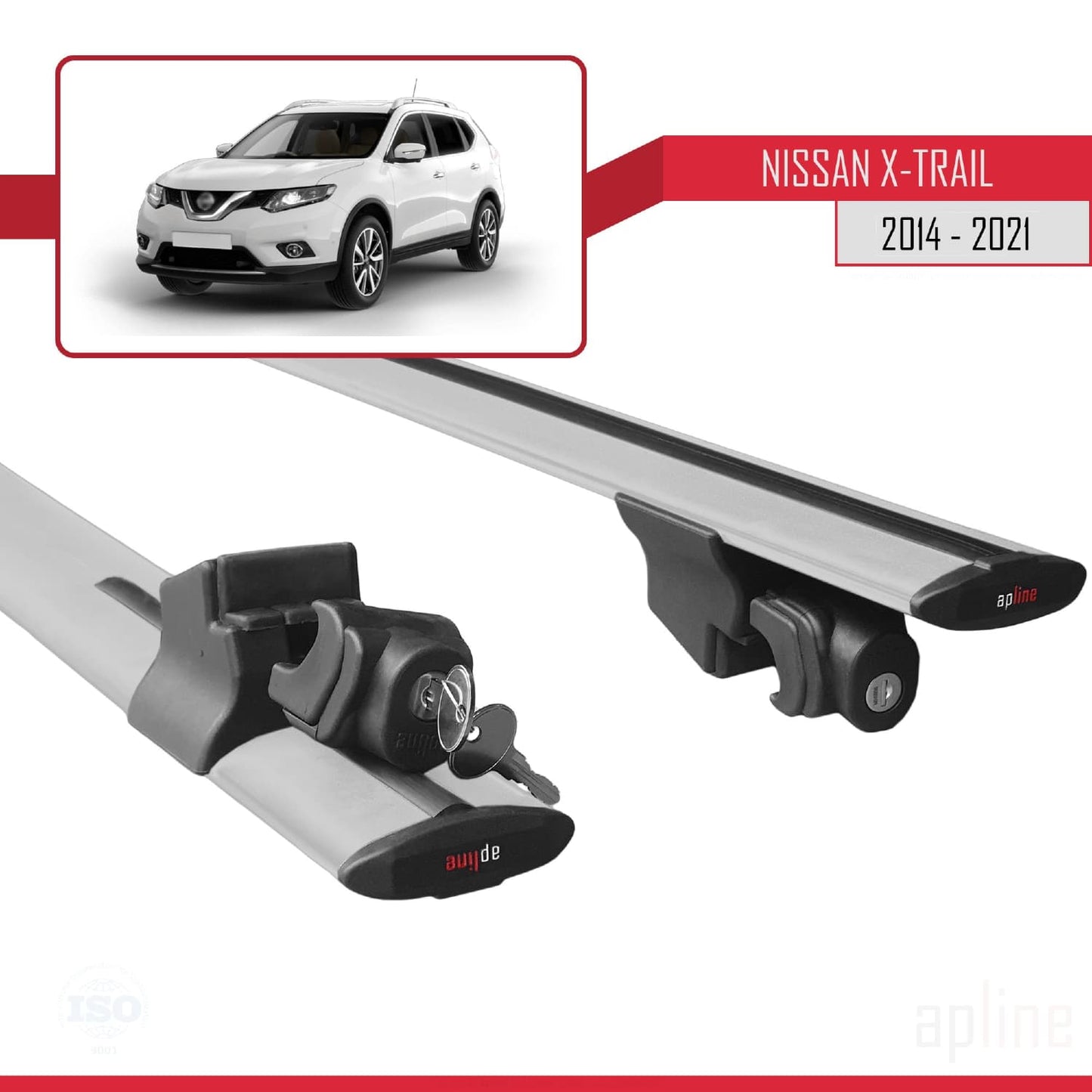 Compatible with Nissan X-Trail 3 (T32) 2014-2021 HOOK Model Car Roof Rack Cross Bar Grey Aluminium 2 Bars