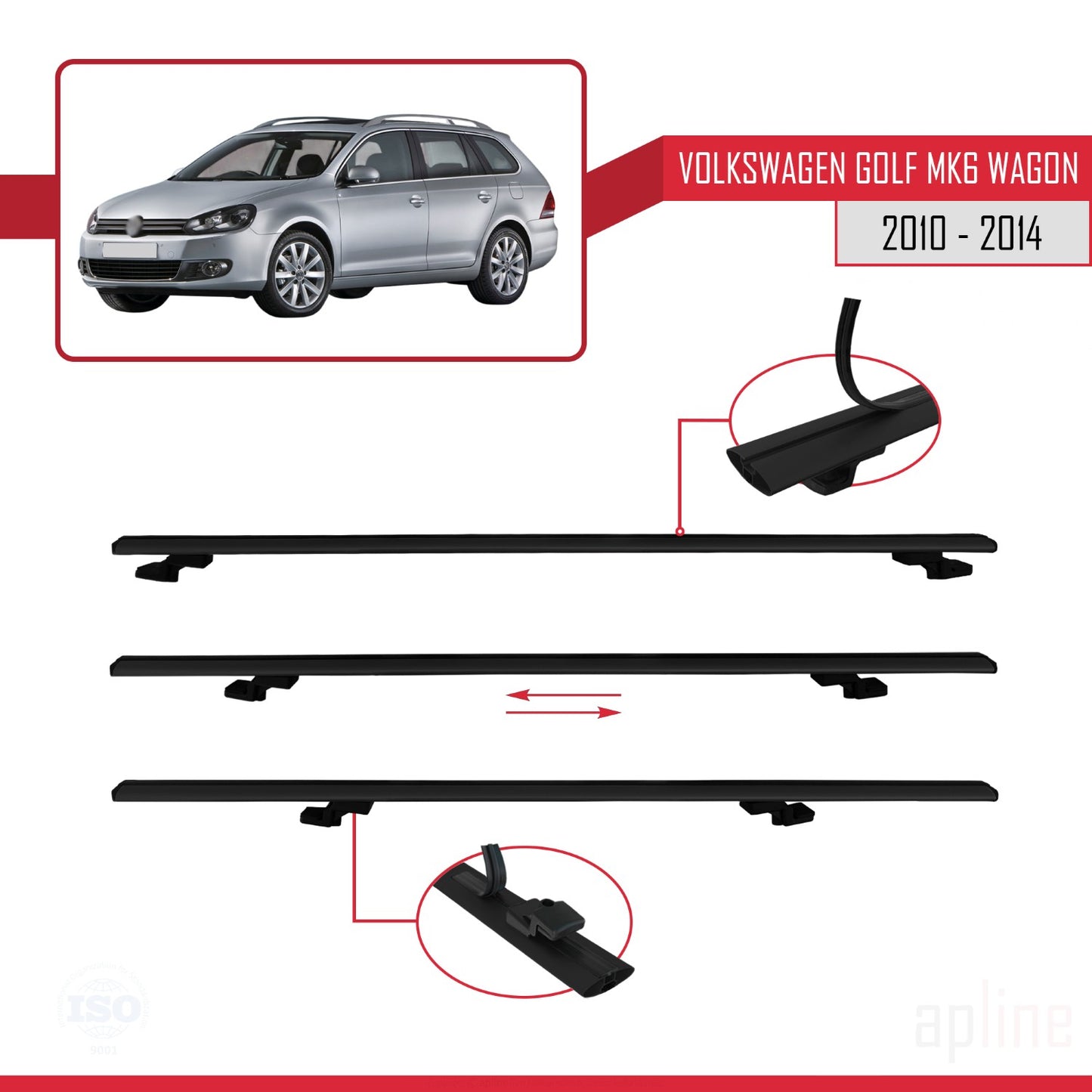 Compatible avec VW Golf Mk6 Wagon 2010-2014 BASIC Model Barres de Toit Railing Porte-Bagages de Voiture Noir Aluminium 2 Barres