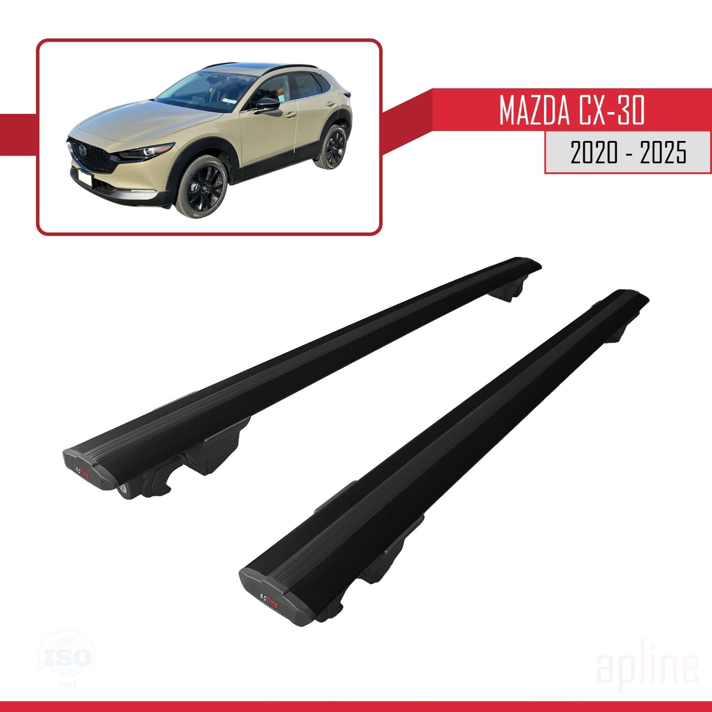 Compatible avec Mazda CX-30 2020-2025 HOOK Model Barres de Toit Railing Porte-Bagages de Voiture Noir Aluminium 2 Barres