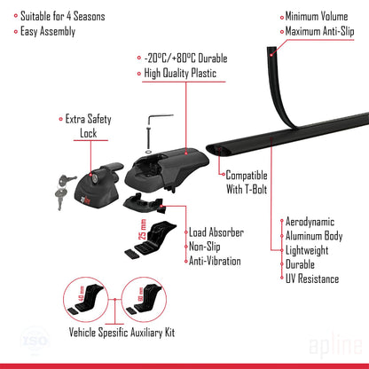 Compatible with Ford Ranger (P375) 2011-2022 ACE-1 Car Roof Rack Cross Bar Black Aluminium 2 Bars